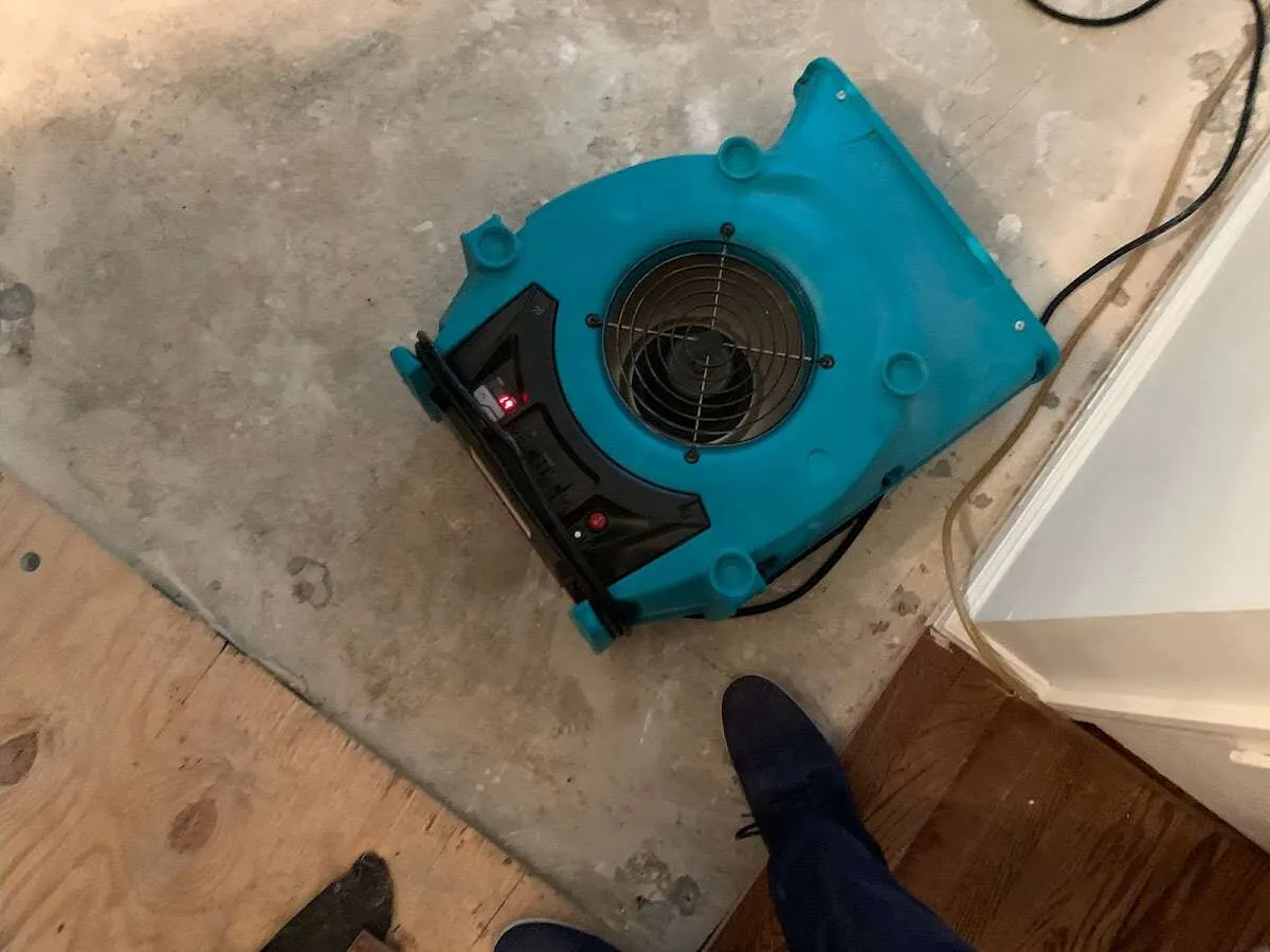 Air mover drying subfloor during Commercial Water Damage Restoration in Durango